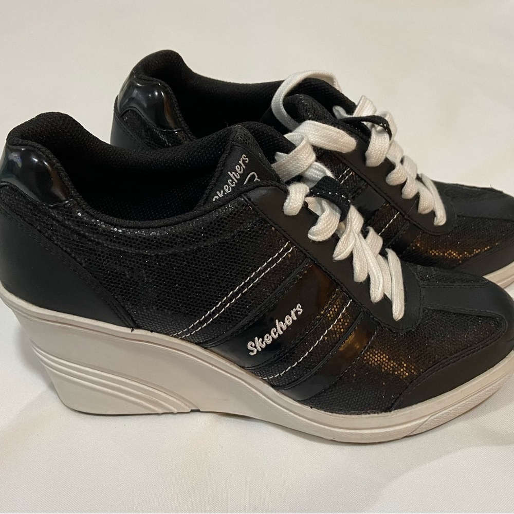 Skechers Black and White Wedge Athletic Shoes - Picture 2 of 7